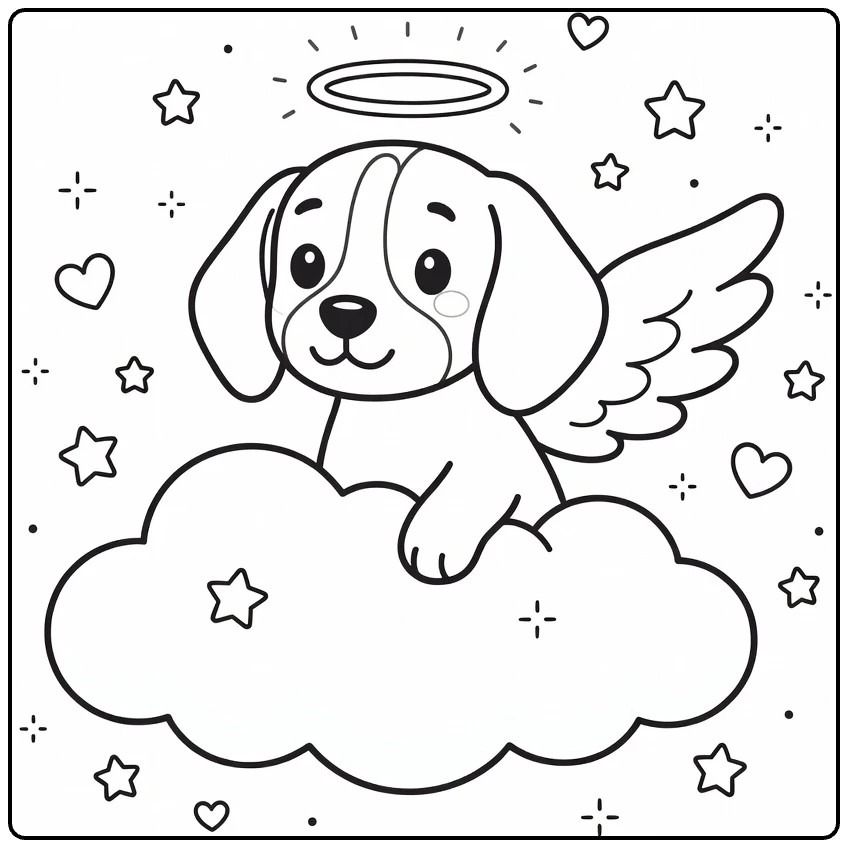 Angel Dog coloring page: Beagle peeking from cloud with halo