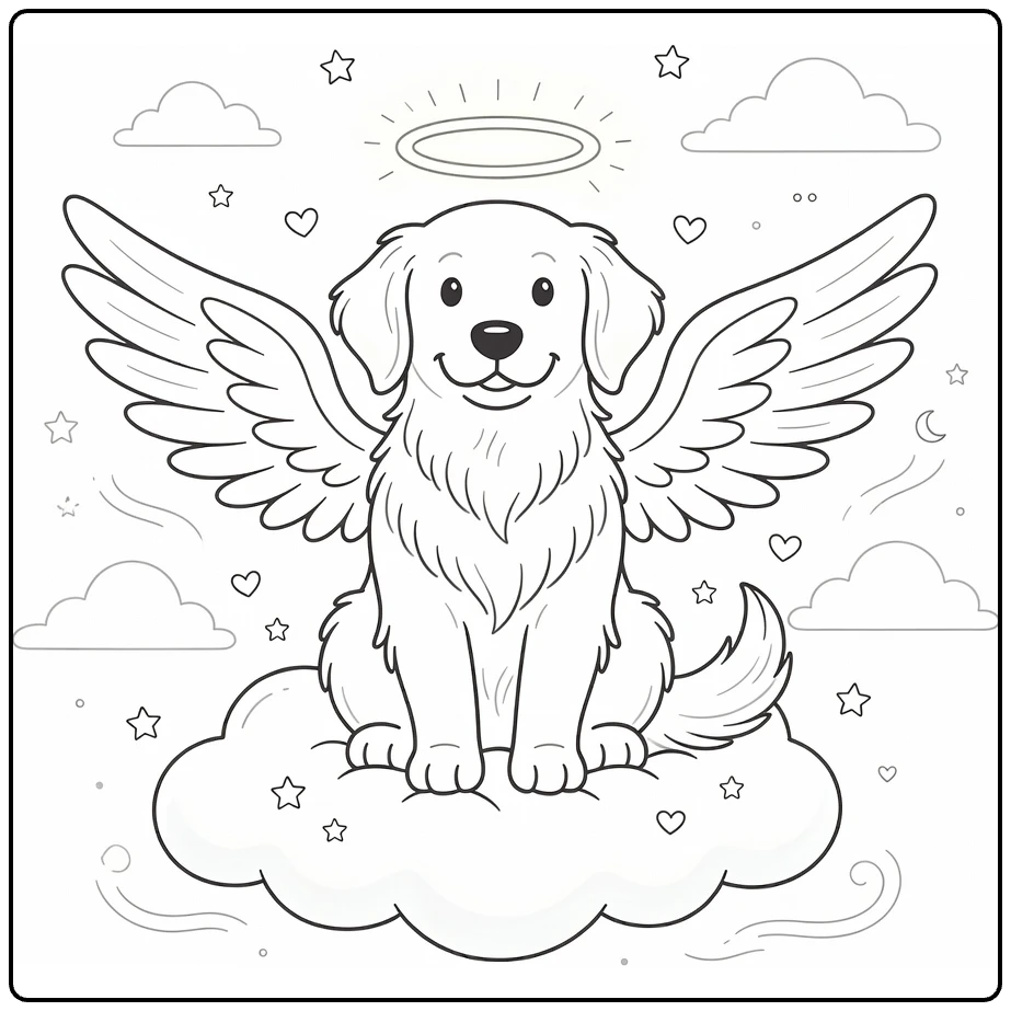 Angel Dog coloring page: fluffy retriever angel on cloud