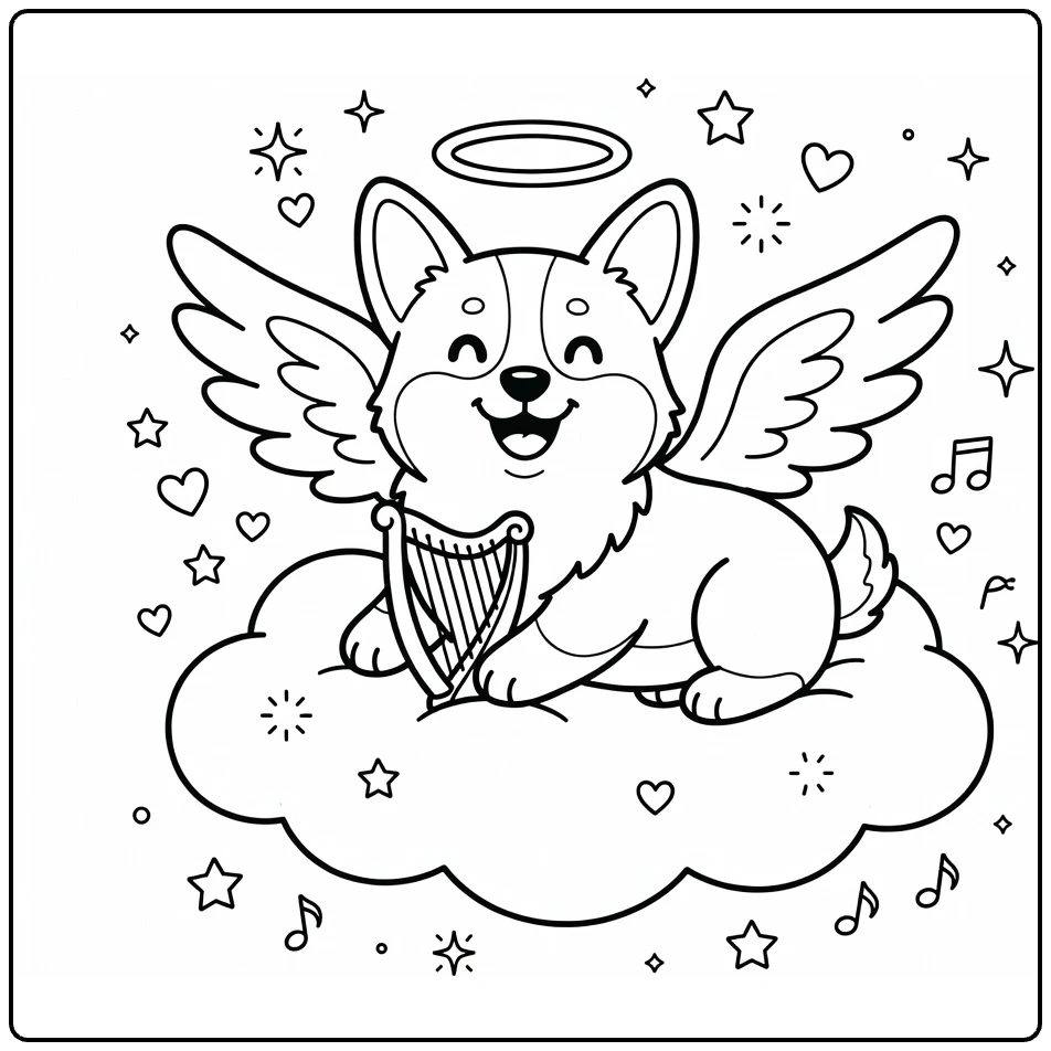 Angel Dog coloring page: Corgi angel on cloud playing harp