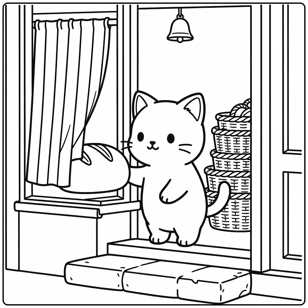 Anime cat coloring pages: cat sniffing loaf in bakery window