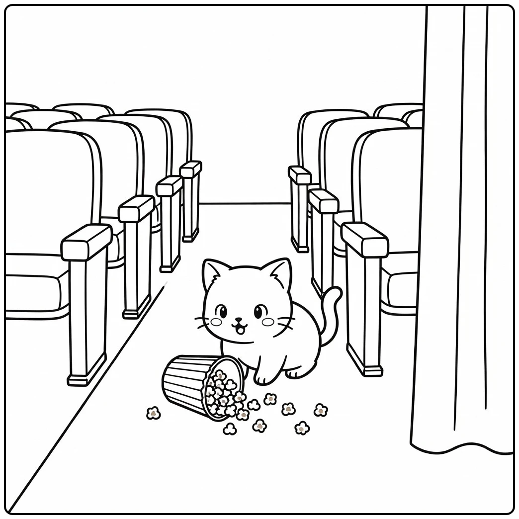 Anime cat coloring pages: cat eyeing popcorn in theater aisle