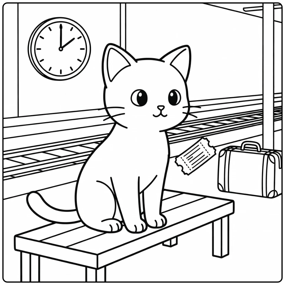 Anime cat coloring pages: alert kitty on train bench eyeing ticket