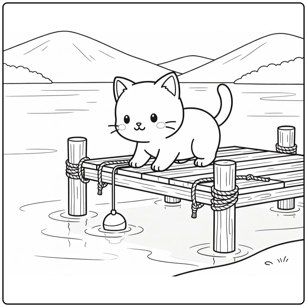 Anime cat coloring pages: cute cat eyeing bobber from dock