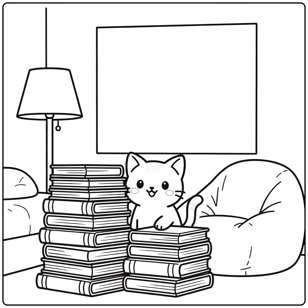 Anime cat coloring pages: peeking behind manga books