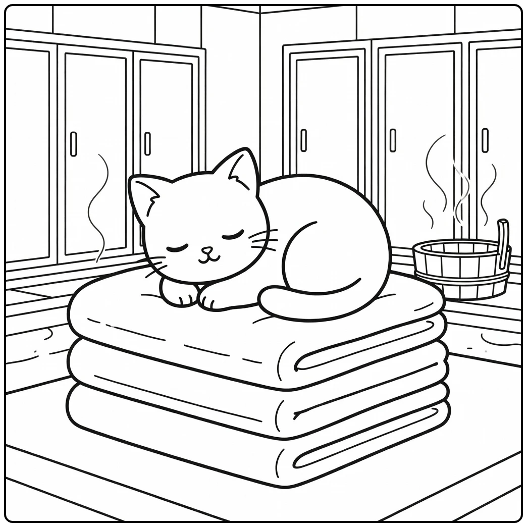Anime cat coloring pages: curled on towels in bathhouse