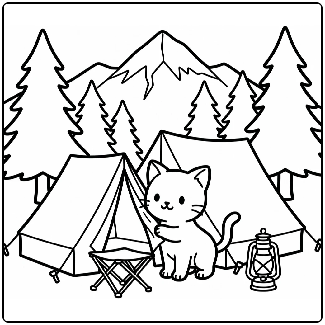 Anime cat coloring pages: nudging tent flap at campsite