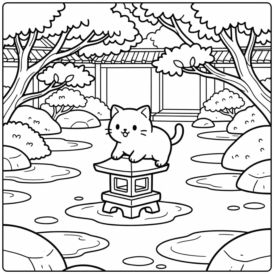 Anime cat coloring pages: cute cat climbs stone lantern in rainy courtyard