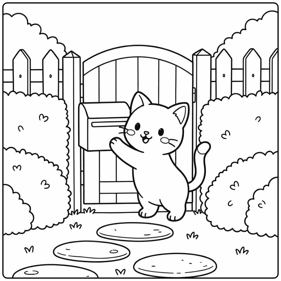 Anime cat coloring pages: paw sliding under mailbox at garden gate