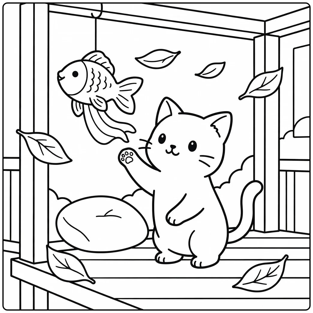 Anime cat coloring pages - cute cat paws goldfish windsock