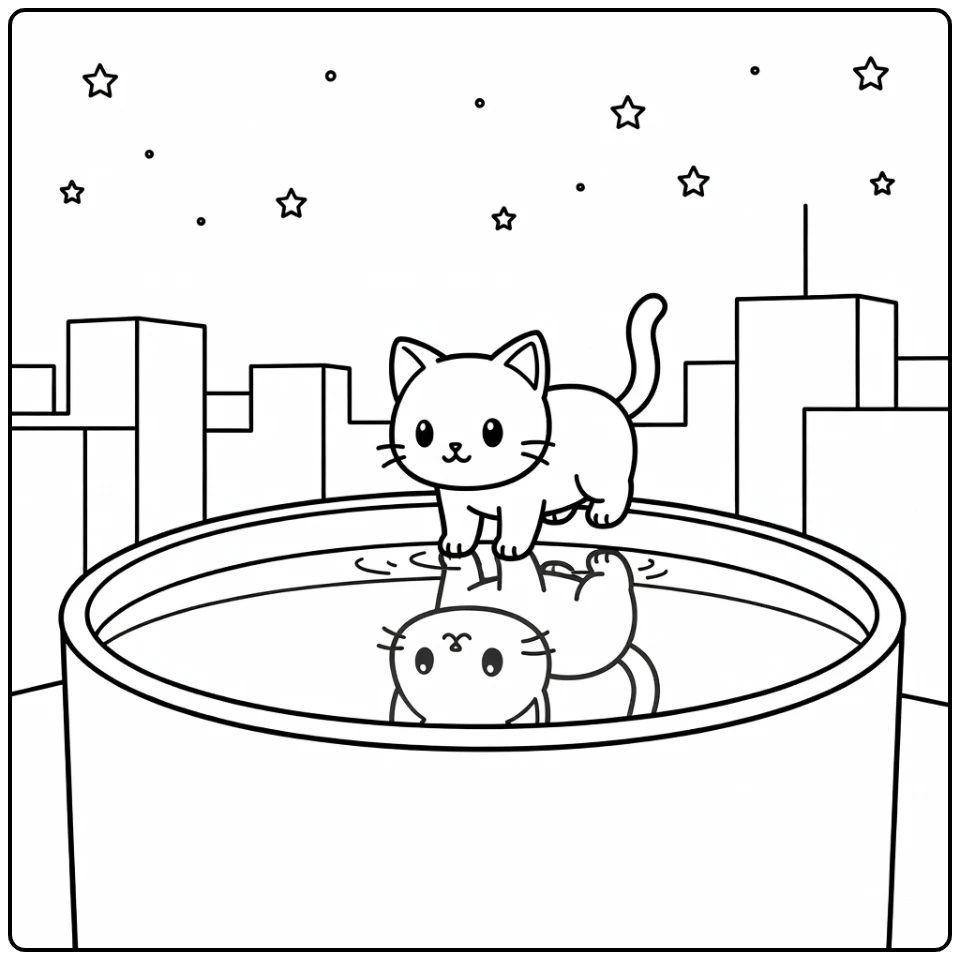 Anime cat coloring pages: cat at rooftop tank gazing at reflection
