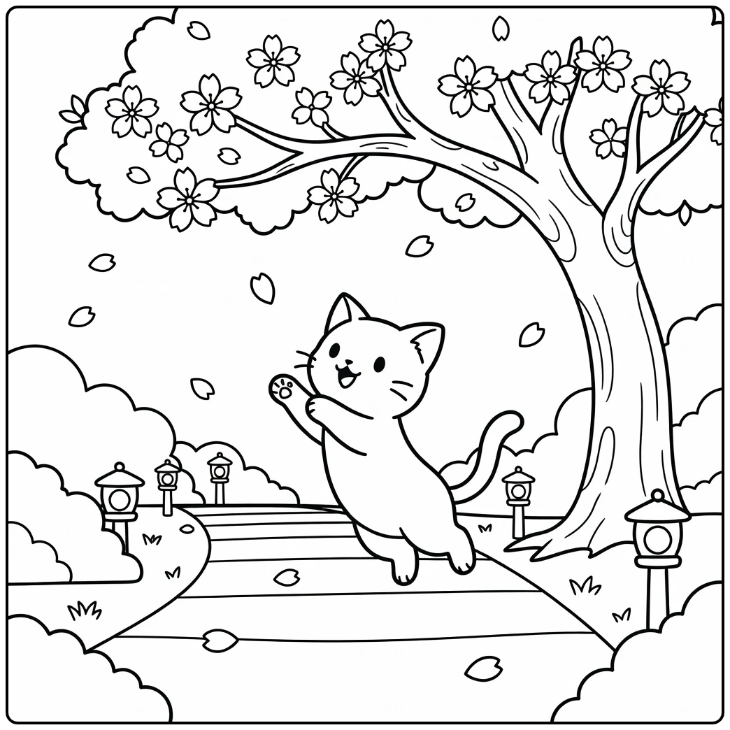 Anime cat coloring pages: leaping for cherry blossom petal