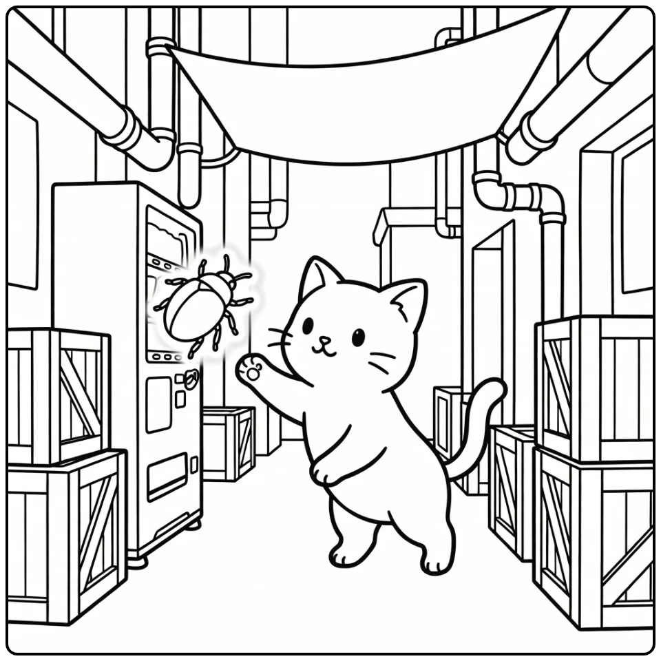 Anime cat coloring pages: reaching for glowing beetle in alley