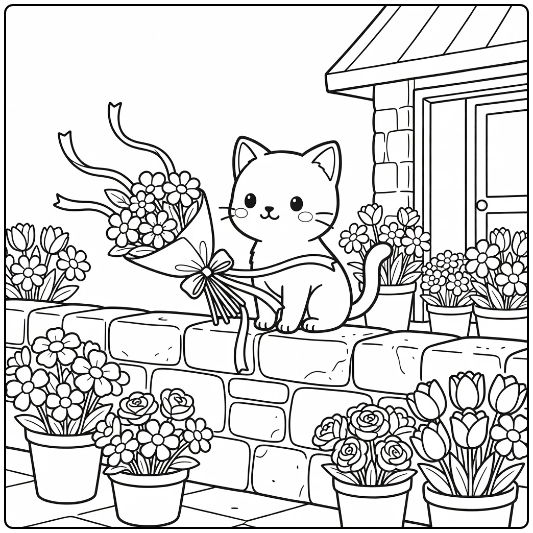 Anime cat coloring pages: cat on wall watching ribbons at flower shop