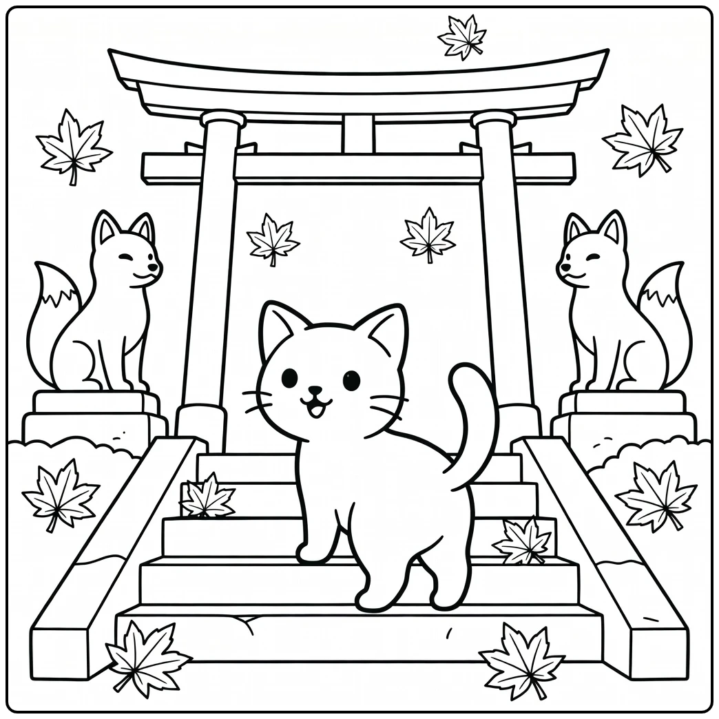 Anime cat coloring pages: cat on shrine steps glancing back