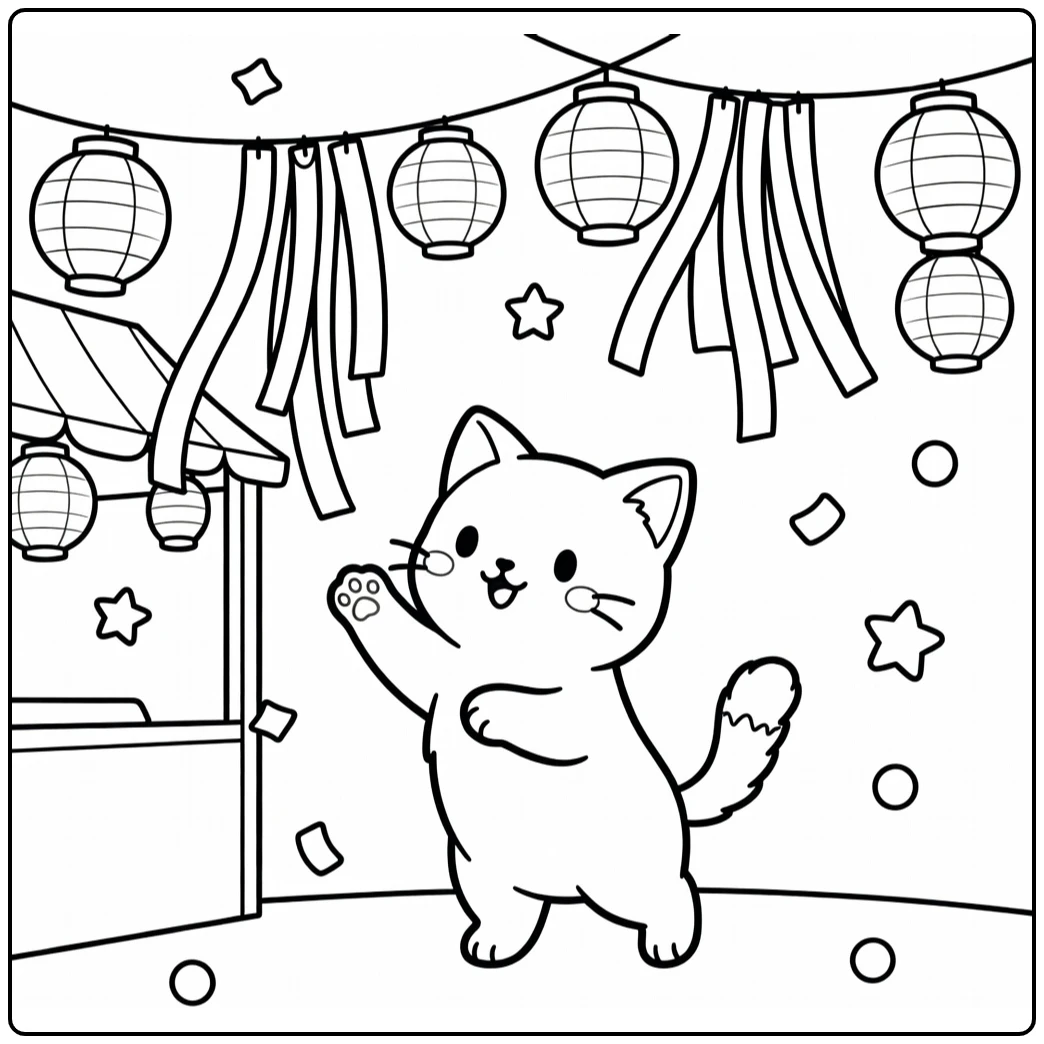 Anime cat pawing festival streamers - anime cat coloring pages