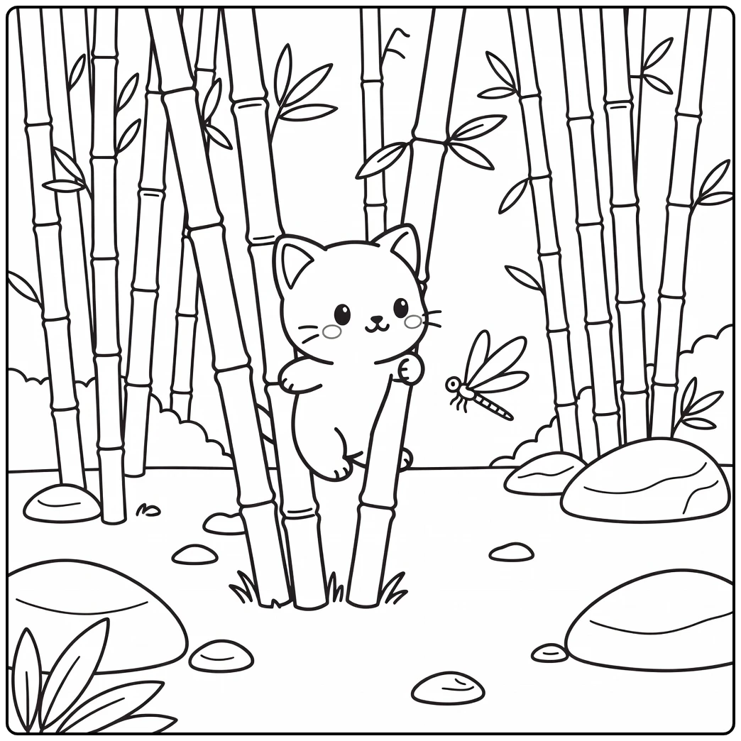 Anime cat coloring pages: cat chases dragonfly in bamboo grove