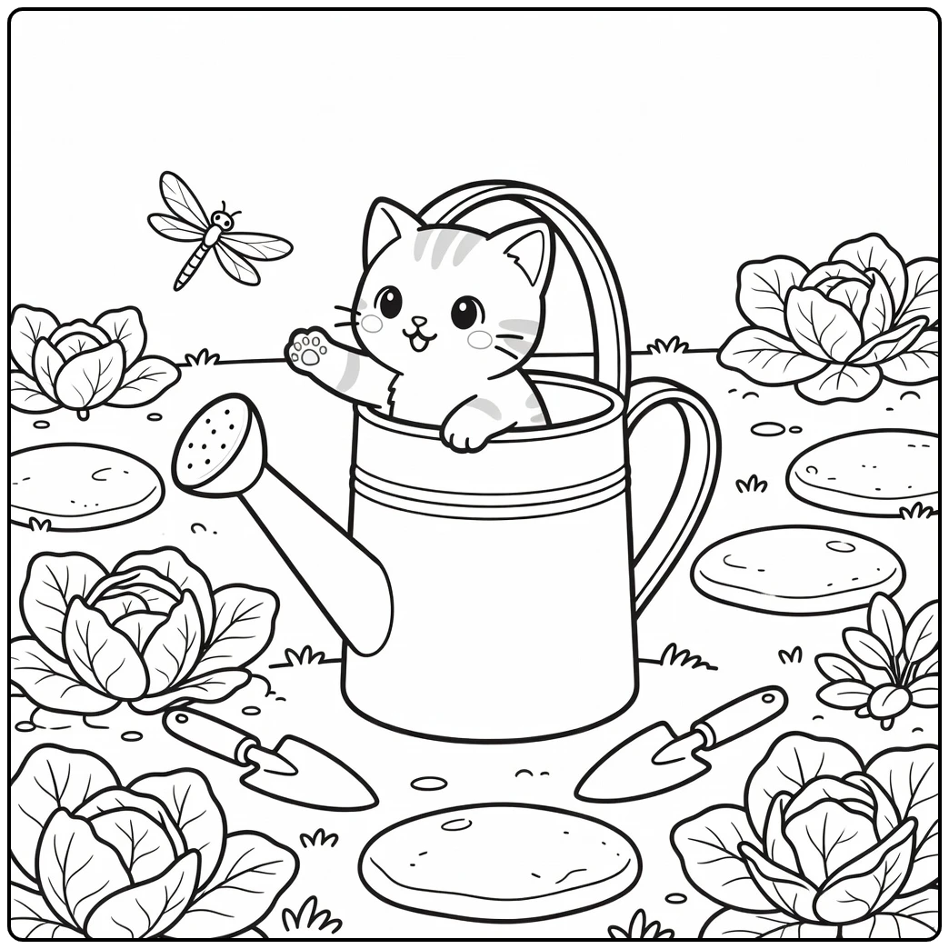 Anime kitten coloring pages: peeking from watering can at dragonfly