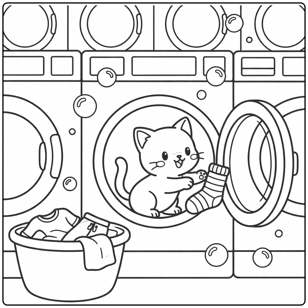 Anime kitten coloring pages: cat batting sock in dryer
