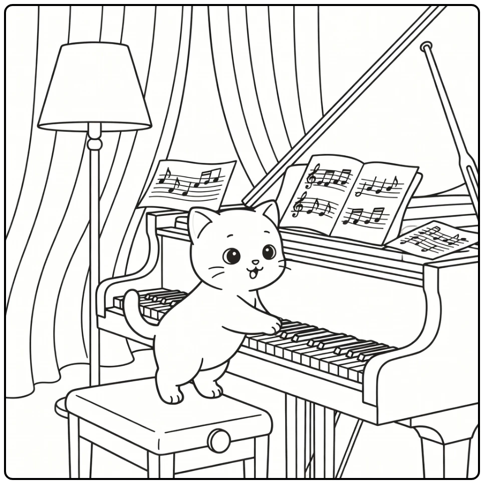 Anime kitten coloring pages: curious paw tapping piano key
