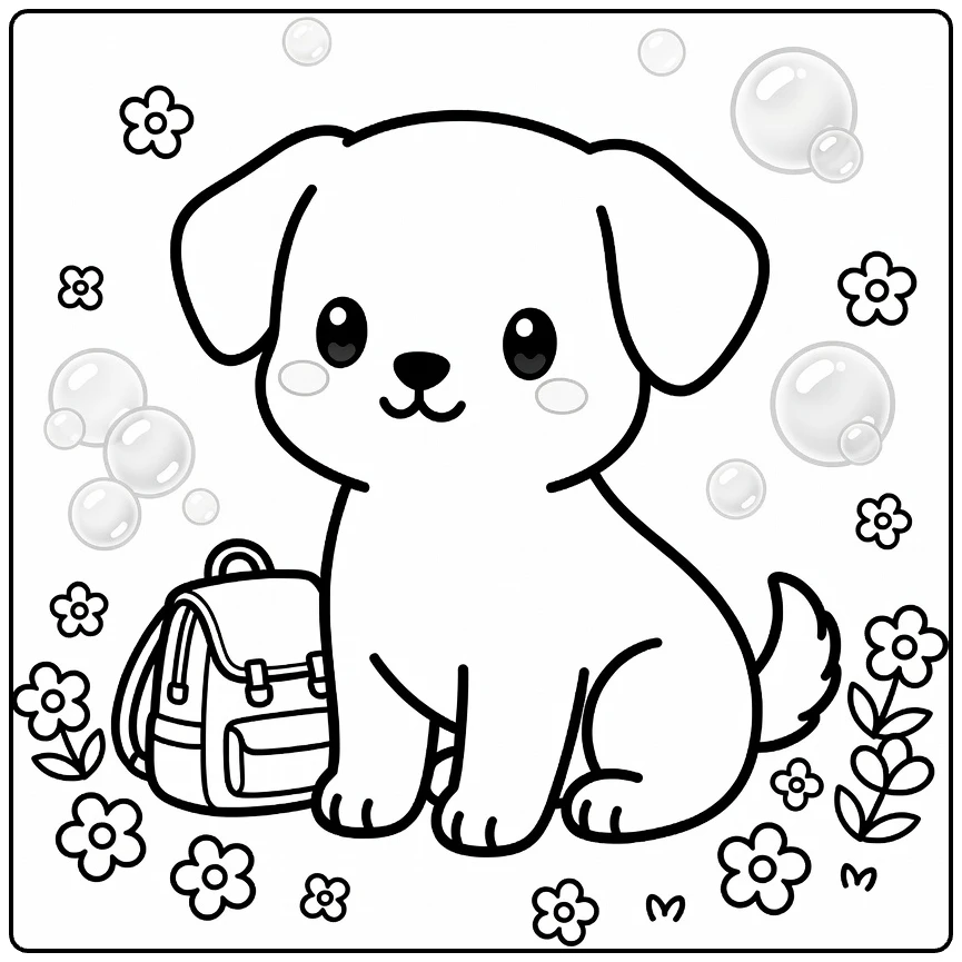 Anime Puppy Coloring Page with backpack & flowers