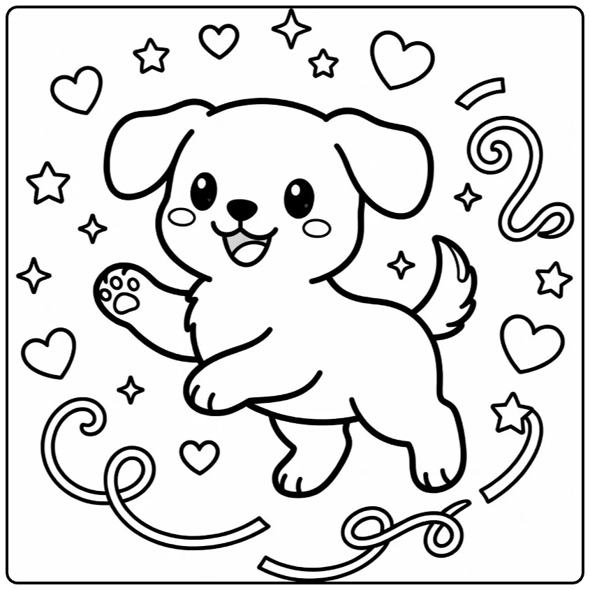 Anime Puppy Coloring Page: cheerful pup with hearts, stars