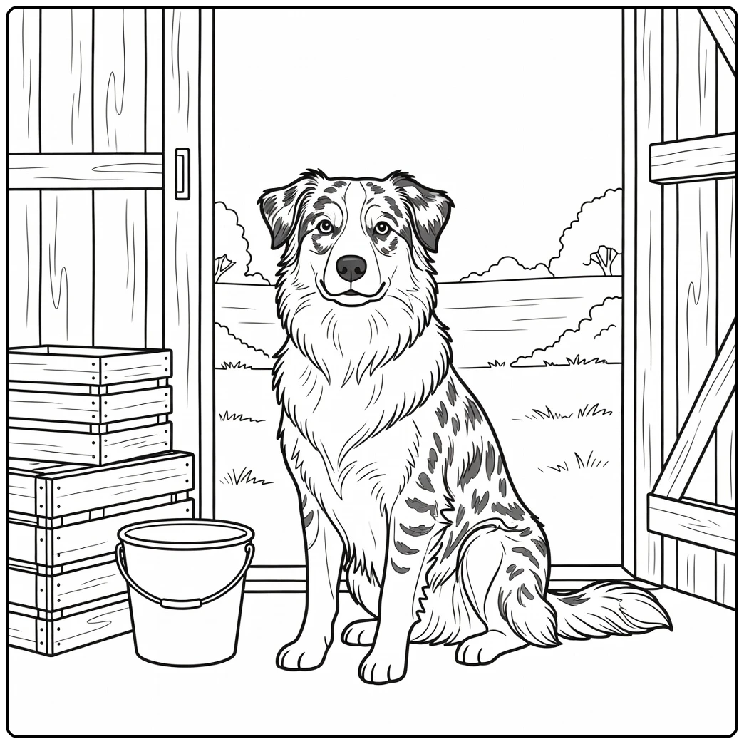 An Aussie on a realistic dog coloring page by a barn door.