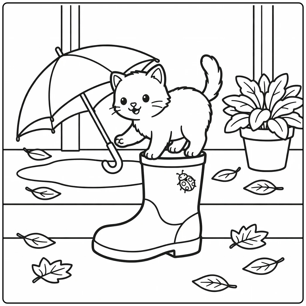 Baby cat coloring pages: kitten balances on boot for ladybug