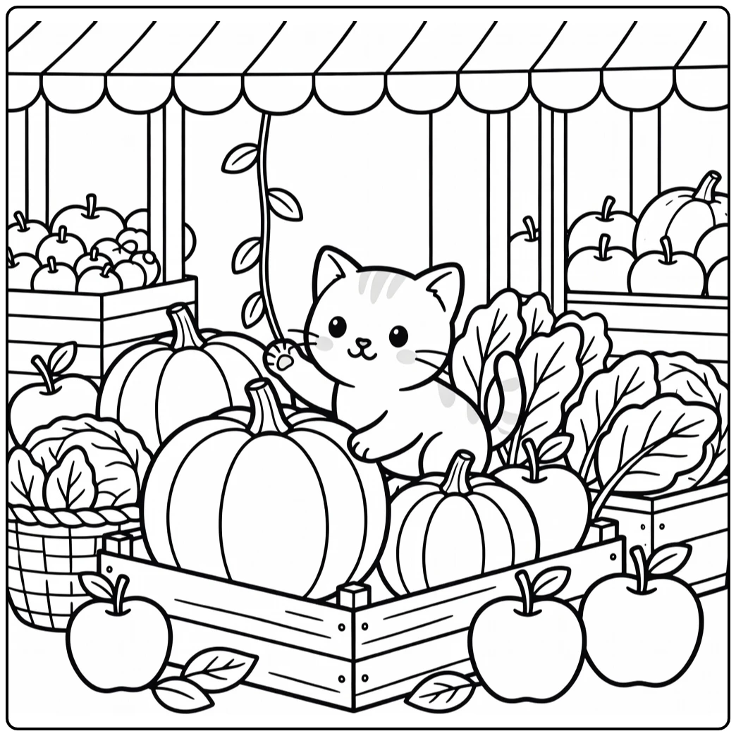Baby cat coloring pages: kitten peeks from crate at pumpkins