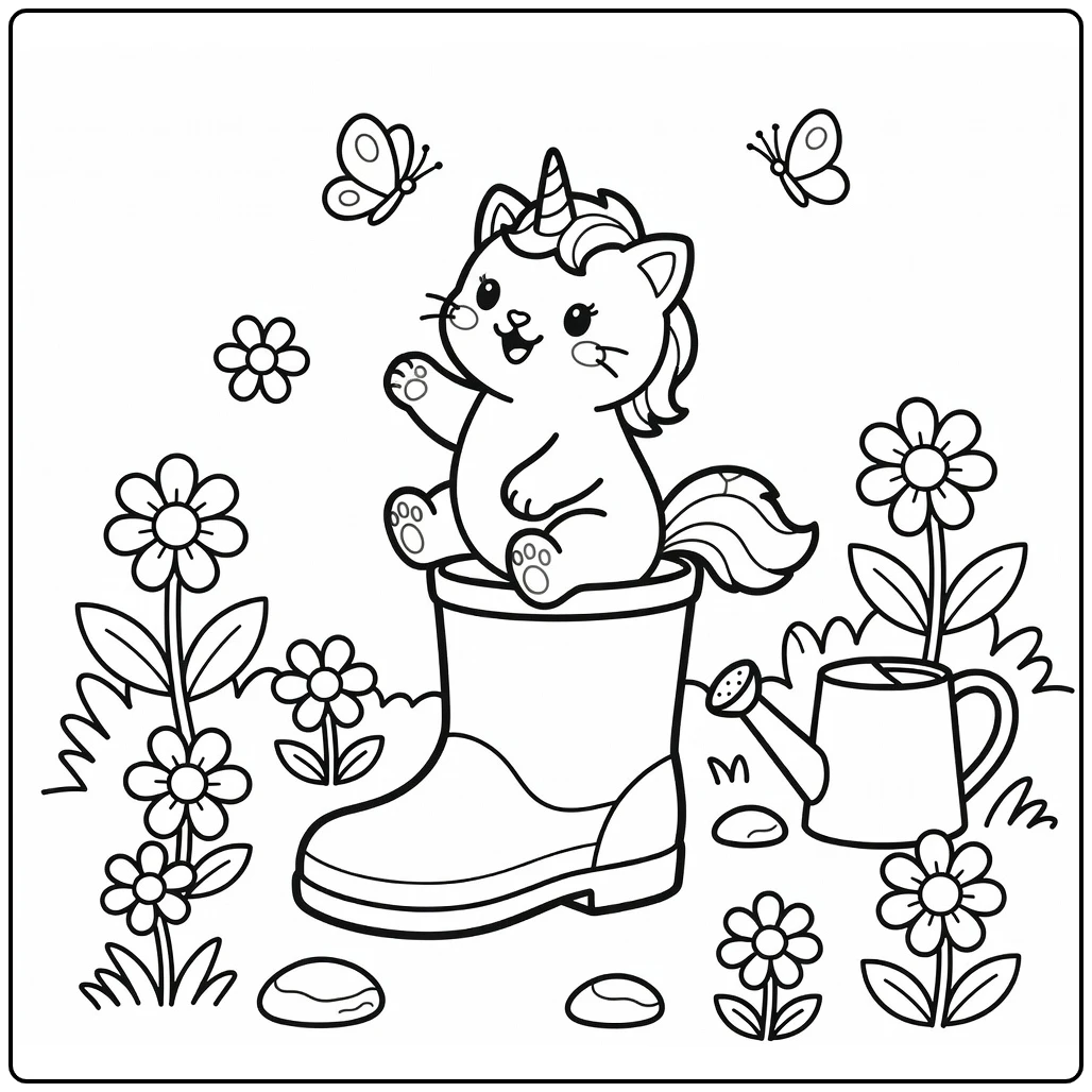 baby cat unicorn coloring pages: playful kitten in boot
