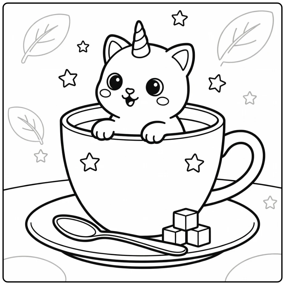Baby cat unicorn coloring pages: peeking from teacup