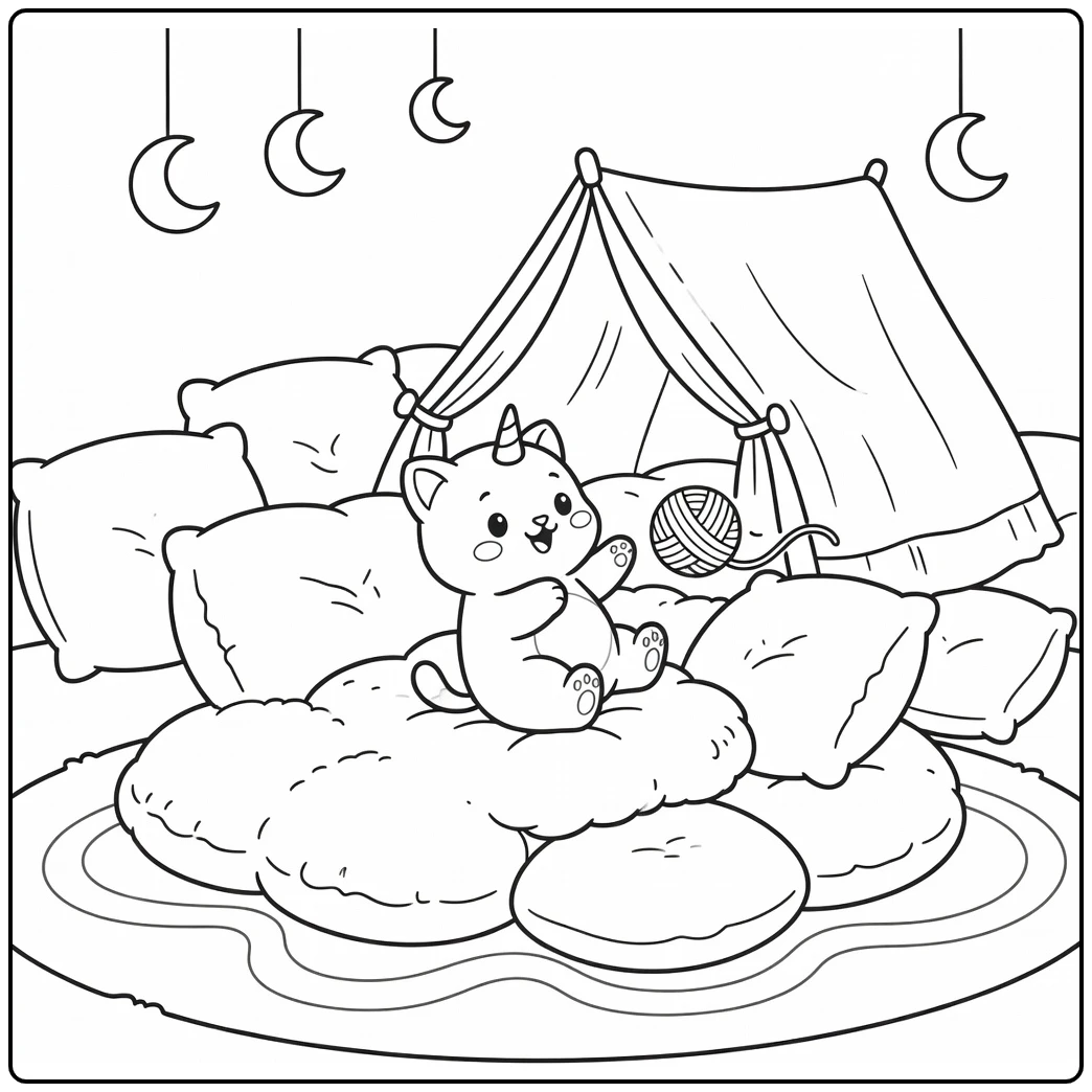 Baby cat unicorn coloring pages: tumbling into cushions with yarn