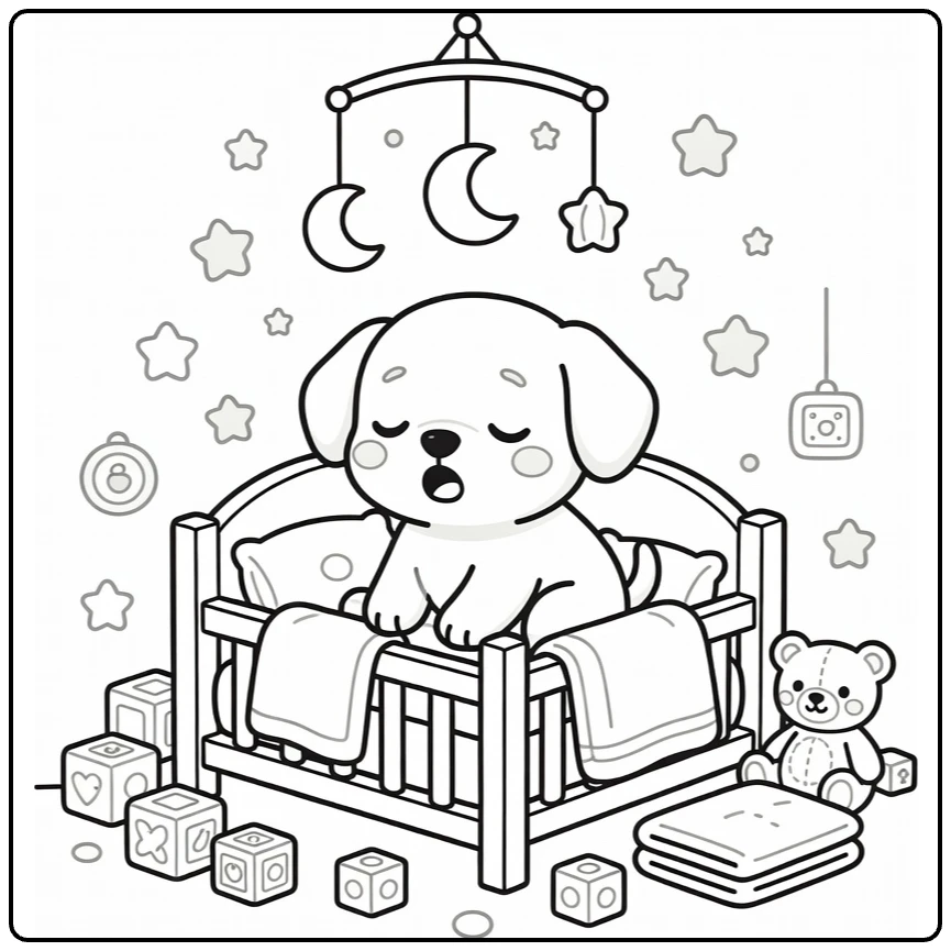 Baby Puppy Coloring Page: Sleepy pup in crib with moon mobile, stars