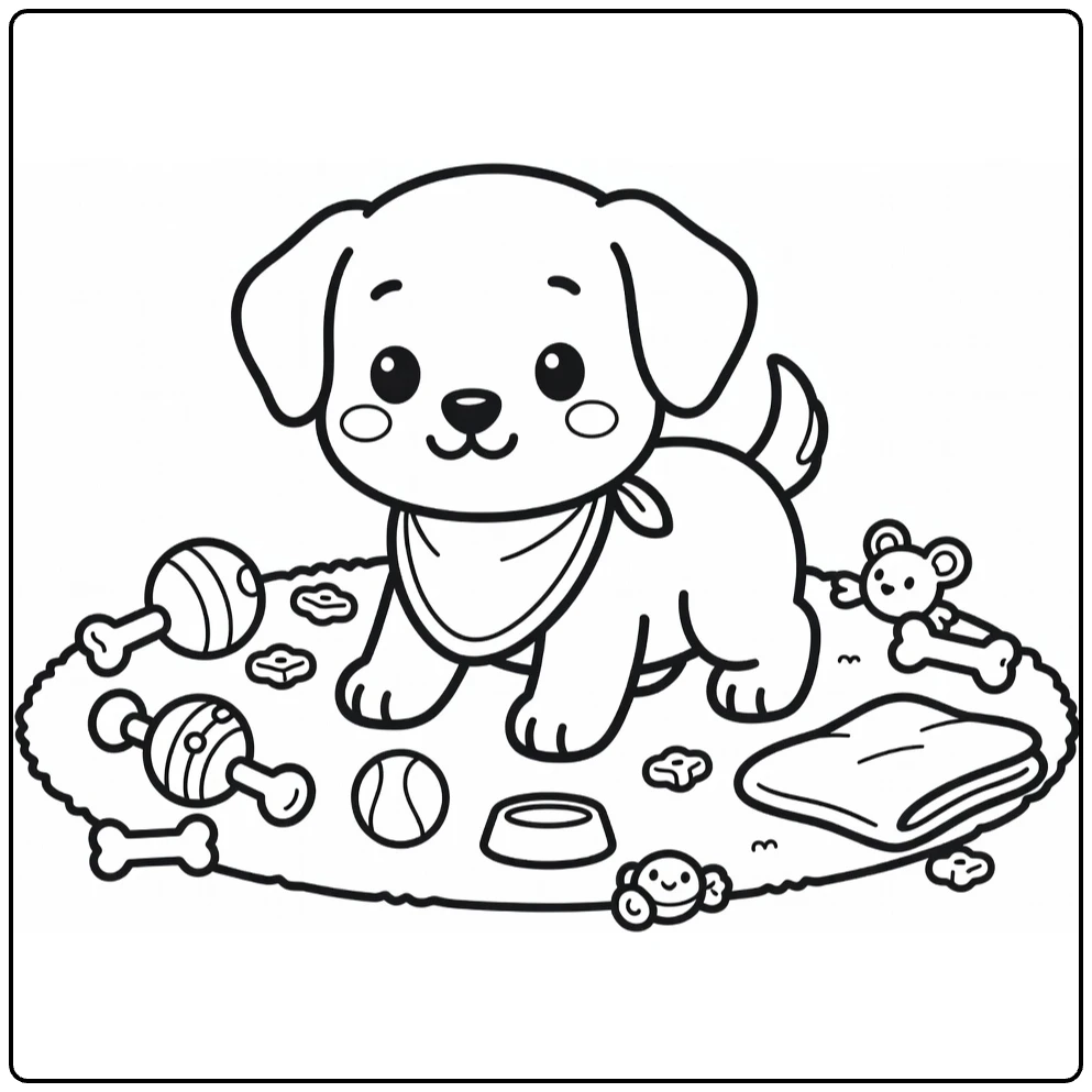 Baby Puppy Coloring Page: Cute pup in bib crawling with toys