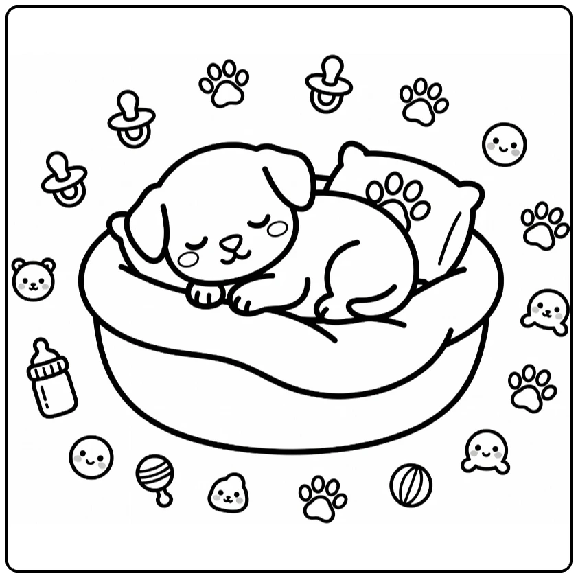 Baby Puppy Coloring Page: Newborn pup curled in basket with bottle, toys