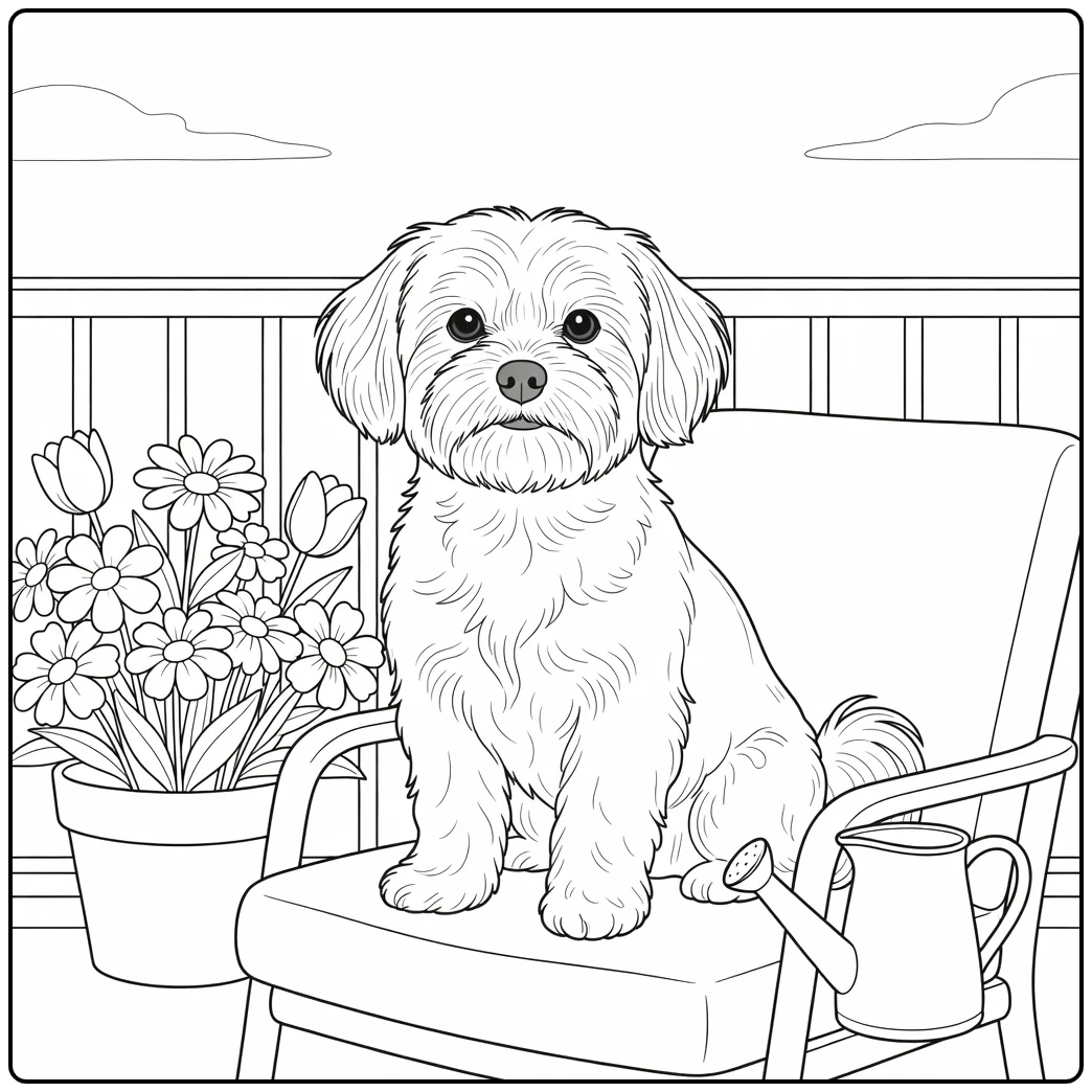 A fluffy Maltese on a balcony realistic dog coloring page.