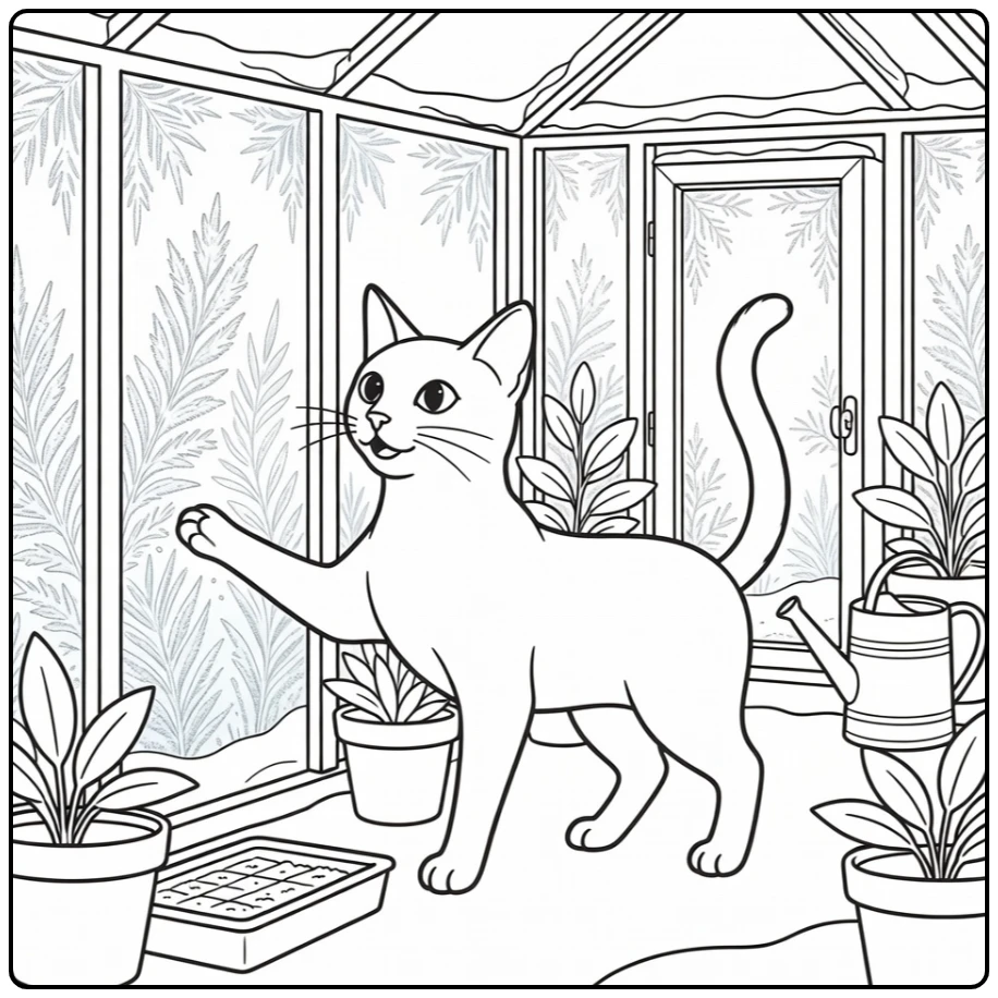 Winter cat coloring pages: Balinese cat paws ice in greenhouse