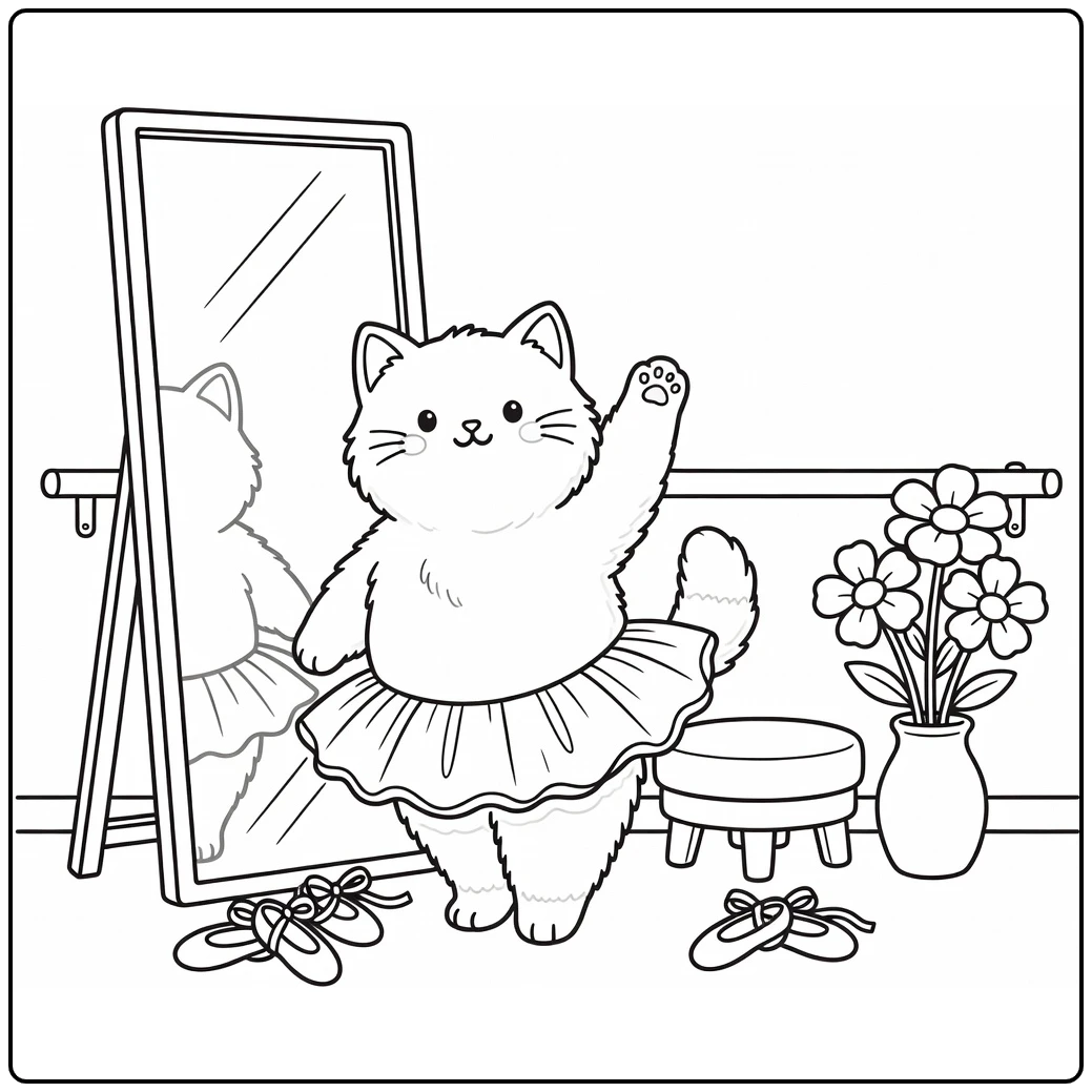 Ballerina cat coloring pages: fluffy cat stretching paw by mirror