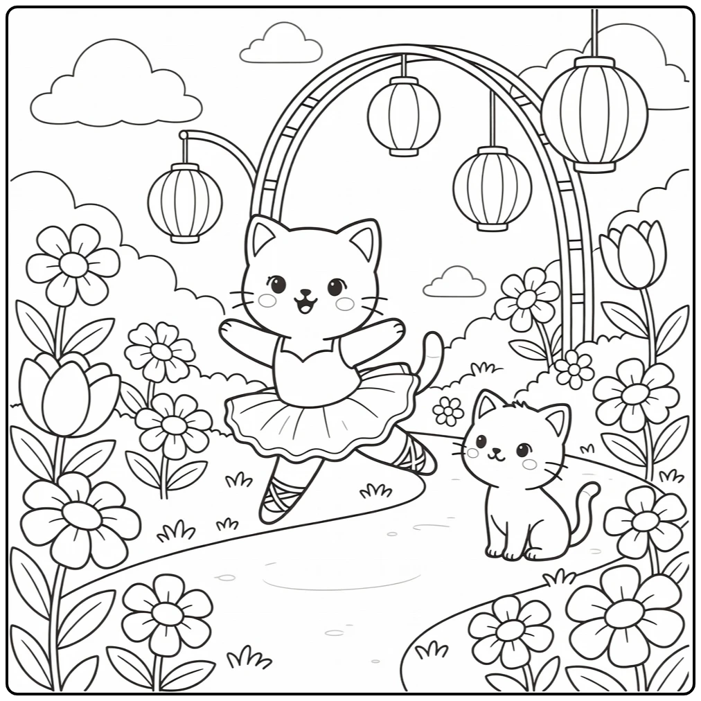 Ballerina cat coloring pages: leaping tutu kitty in moonlit garden