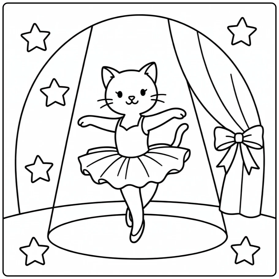 Ballerina cat coloring pages: graceful twirling kitty on stage