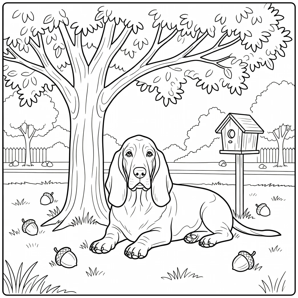 A Basset Hound under a tree on a realistic dog coloring page.