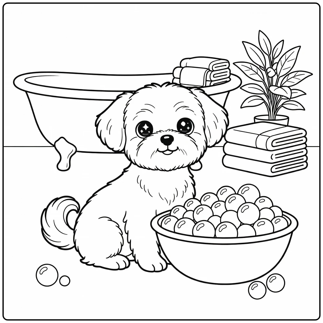 A cute Maltese in a spa setting kawaii dog coloring page.