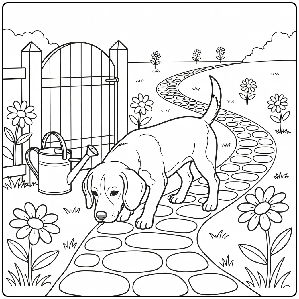 A Beagle sniffing by a gate realistic dog coloring page.