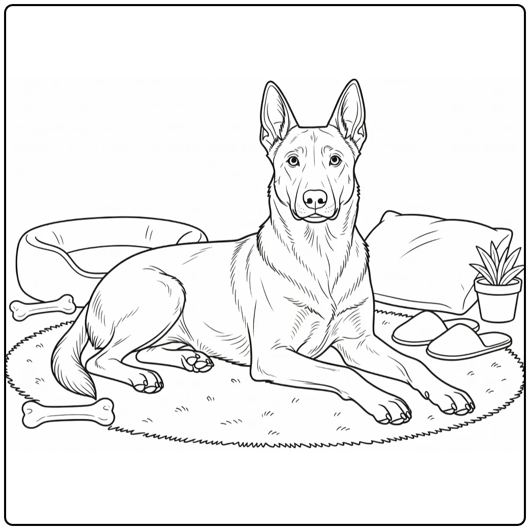 Belgian Malinois coloring page of relaxed dog on rug in cozy room