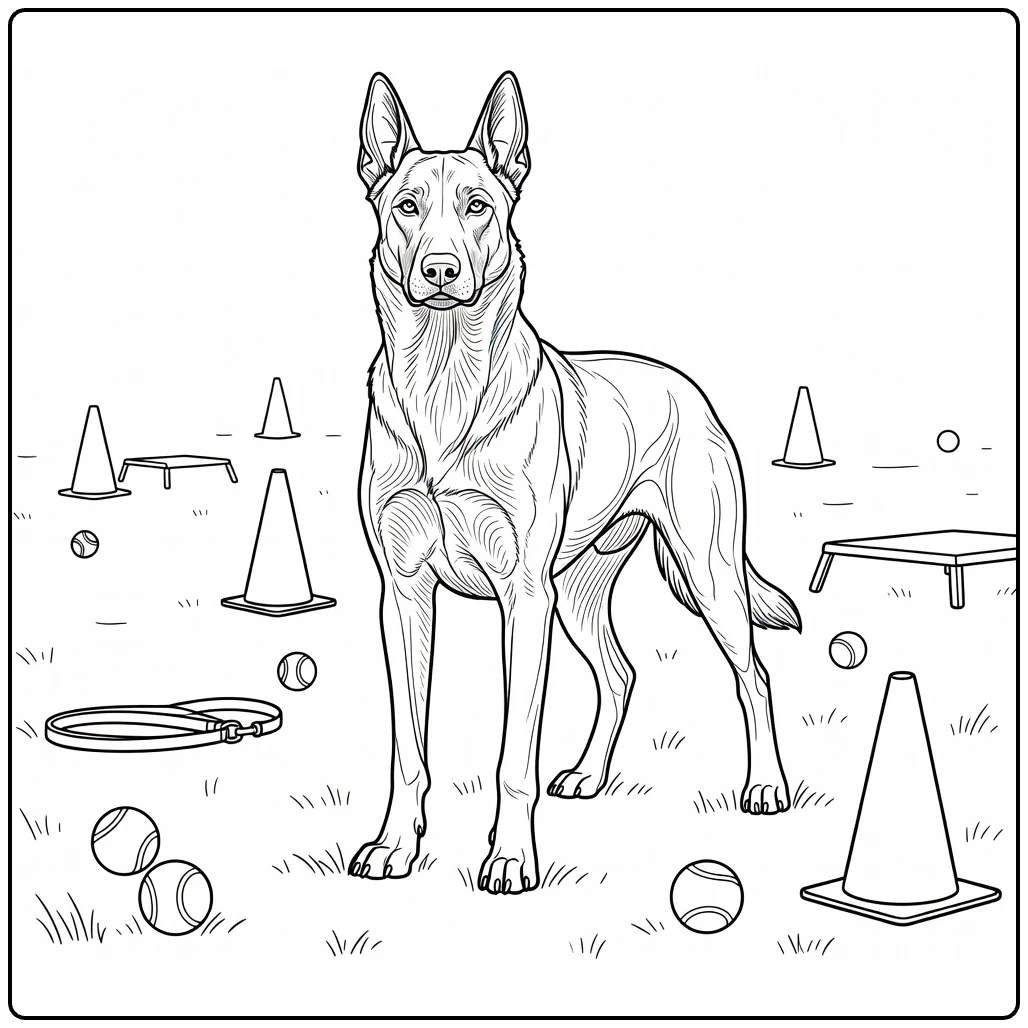 Belgian Malinois coloring page of alert dog in grassy field with cones