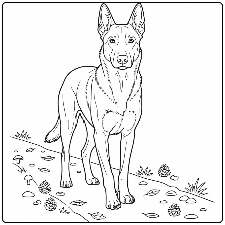 Belgian Malinois coloring page walking on forest trail