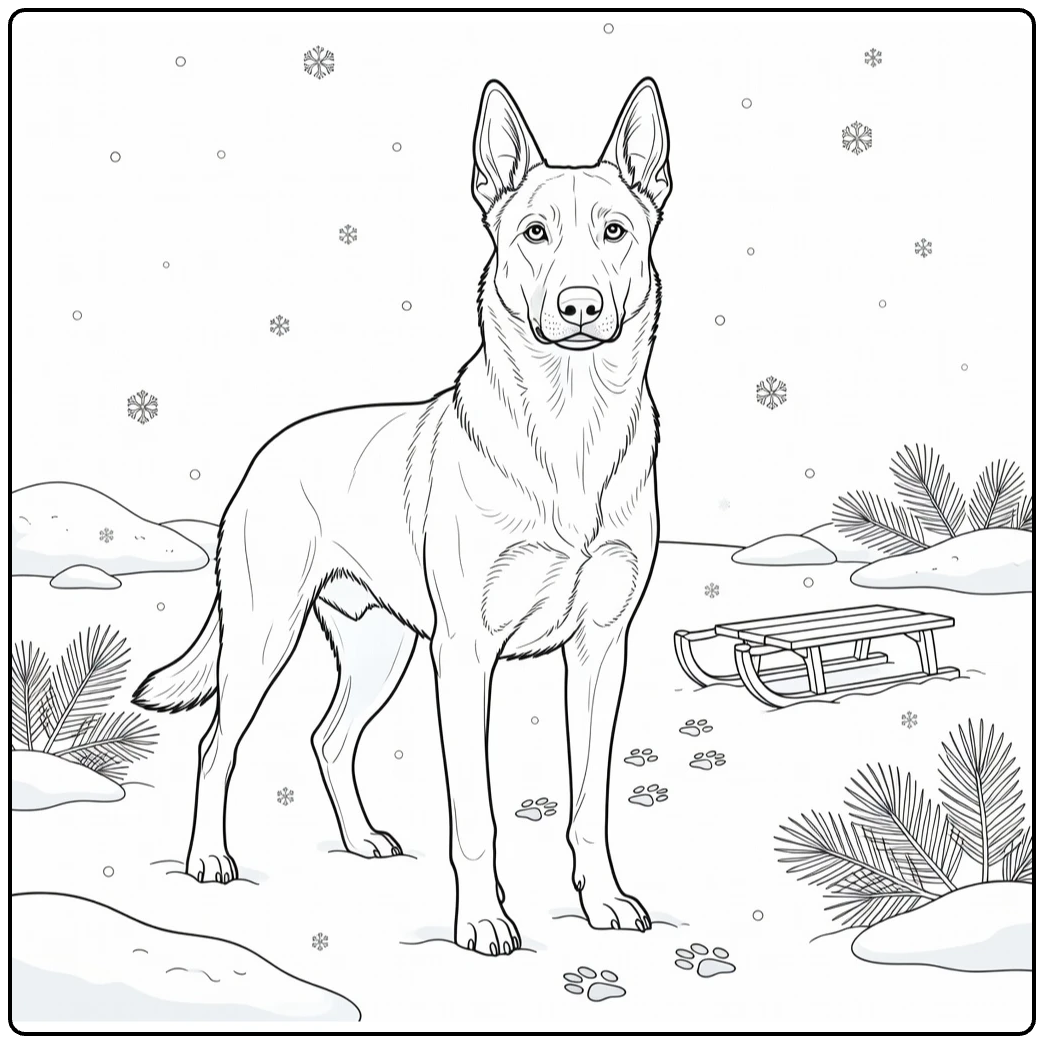 Belgian Malinois coloring page in snowy yard with sled