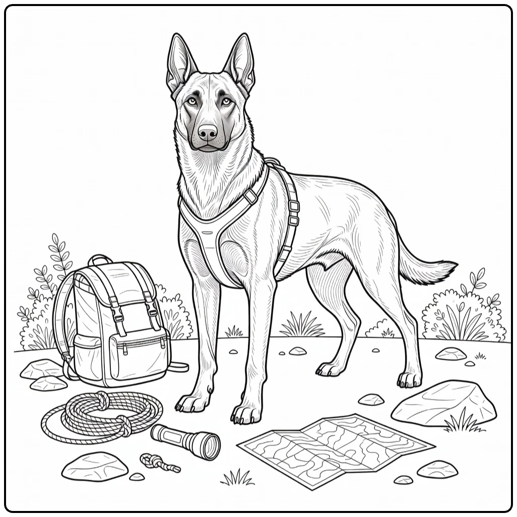 Belgian Malinois coloring page in SAR scene with gear