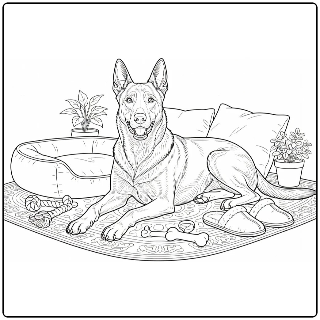 Belgian Malinois coloring page: relaxed dog on cozy home rug