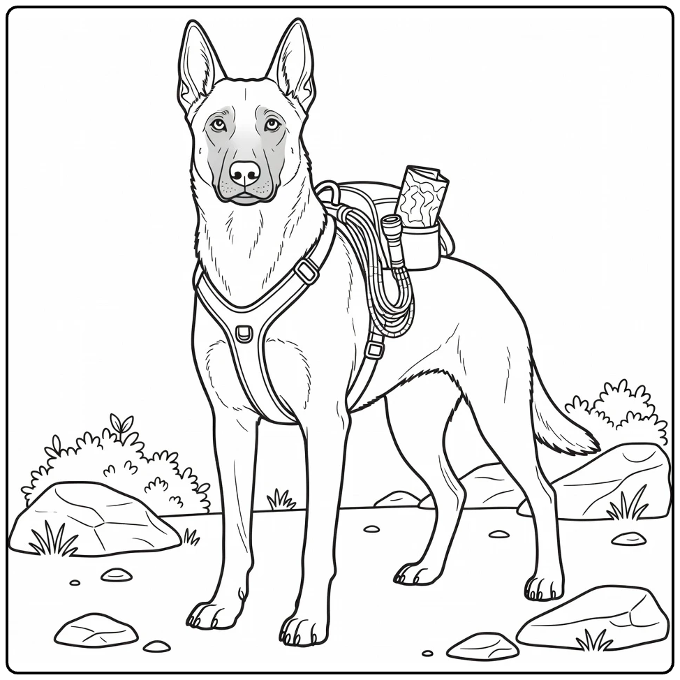 Belgian Malinois coloring page with harness and rescue gear