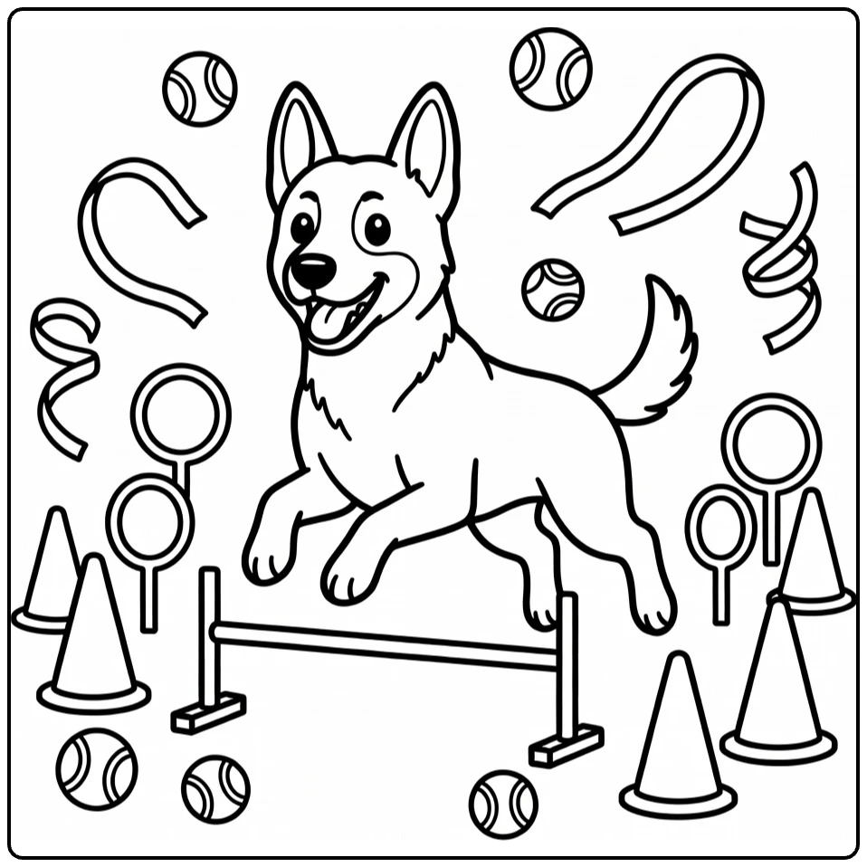 Belgian Malinois coloring page: happy dog jumping agility hurdle